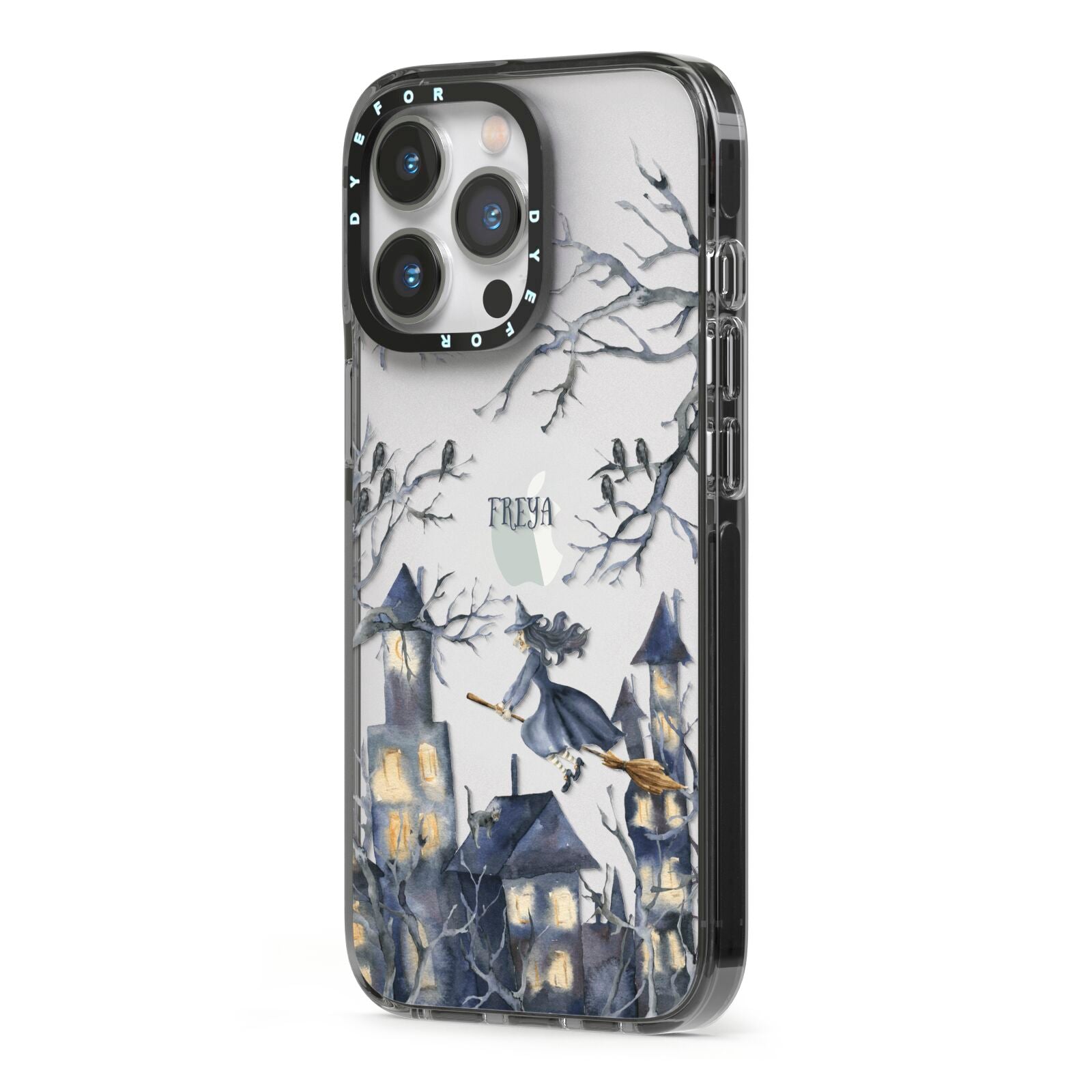 Treetop Halloween Witch iPhone 13 Pro Black Impact Case Side Angle on Silver phone