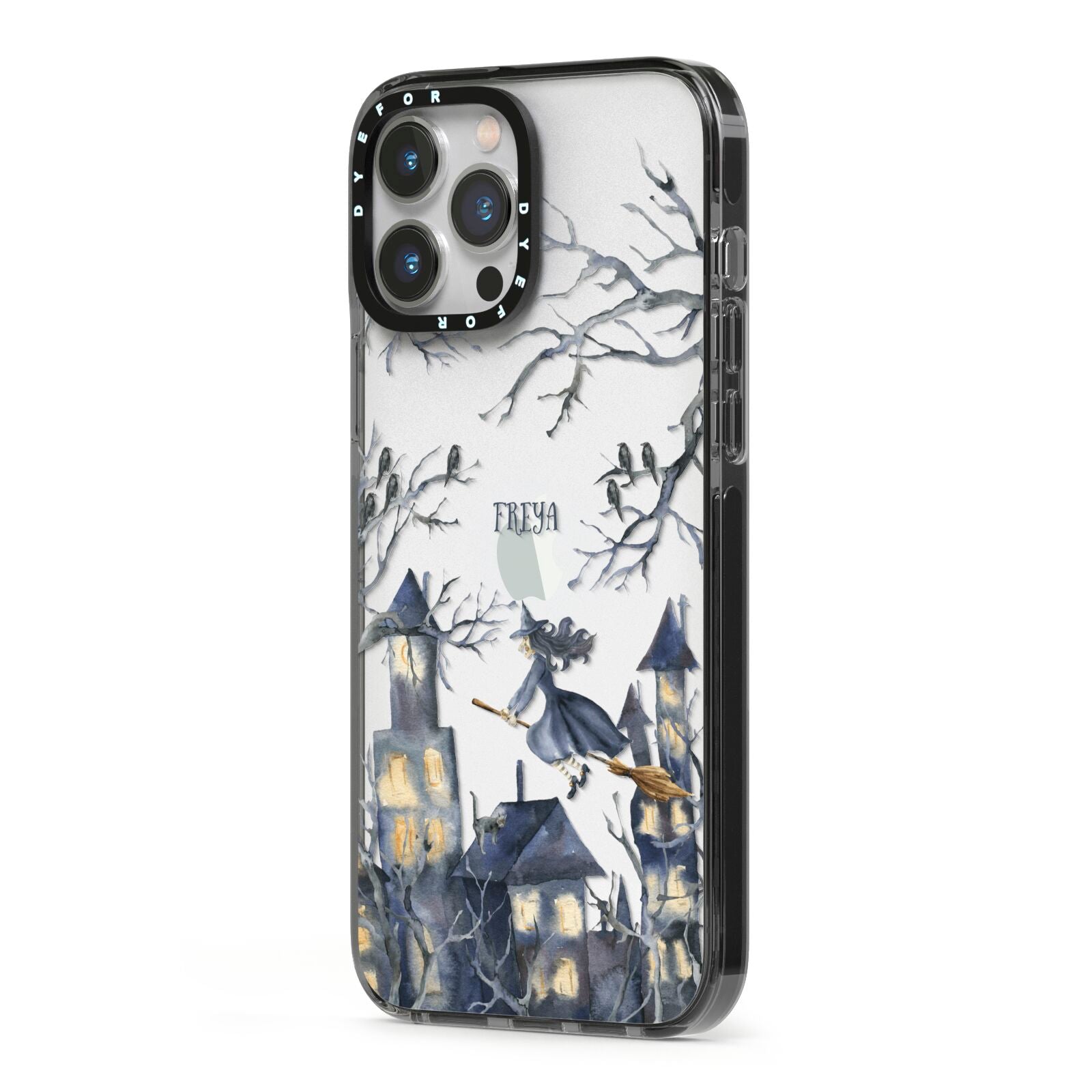 Treetop Halloween Witch iPhone 13 Pro Max Black Impact Case Side Angle on Silver phone