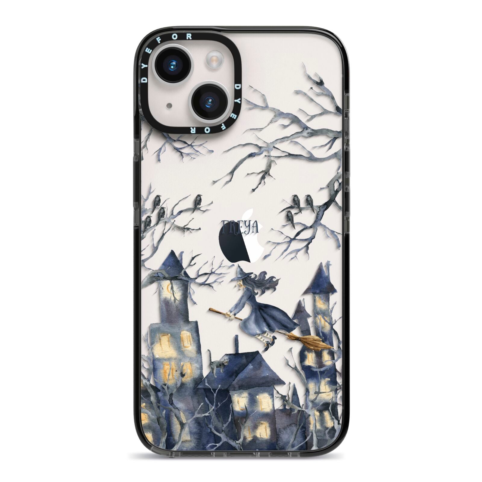 Treetop Halloween Witch iPhone 14 Black Impact Case on Silver phone