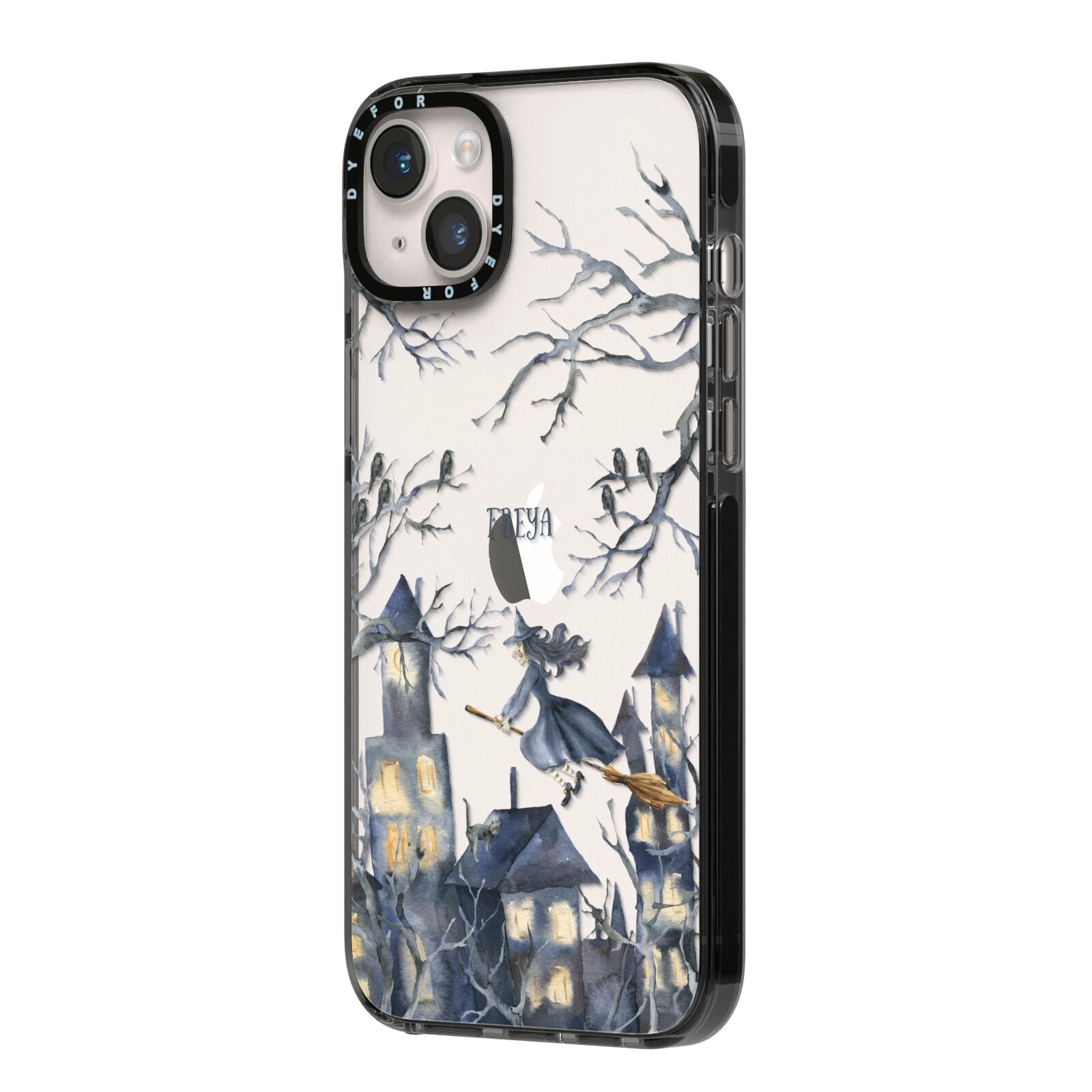 Treetop Halloween Witch iPhone 14 Plus Black Impact Case Side Angle on Silver phone