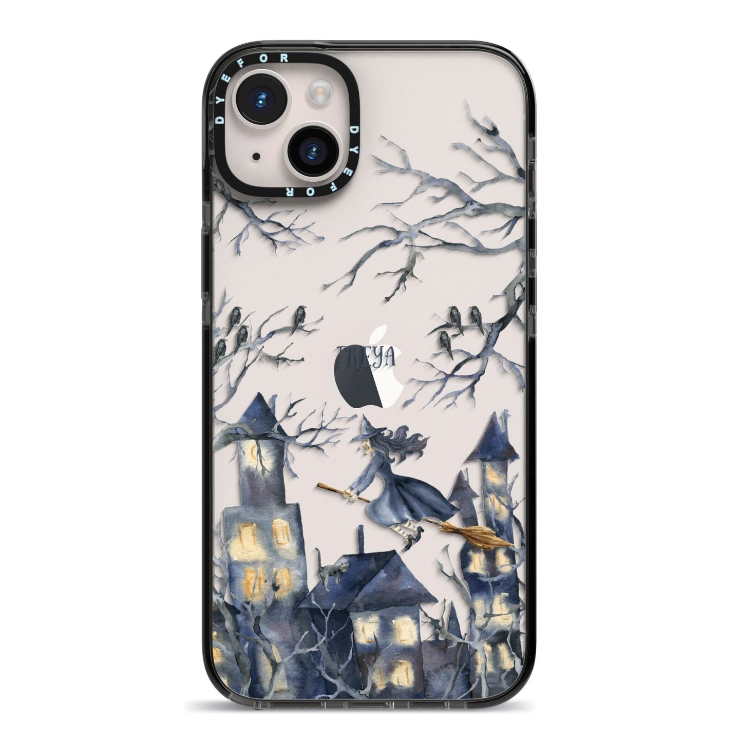 Treetop Halloween Witch iPhone 14 Plus Black Impact Case on Silver phone