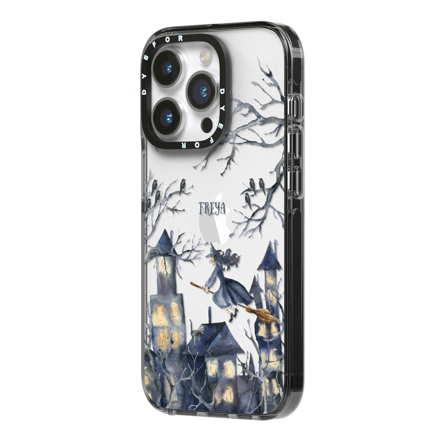 Treetop Halloween Witch iPhone 14 Pro Black Impact Case Side Angle on Silver phone