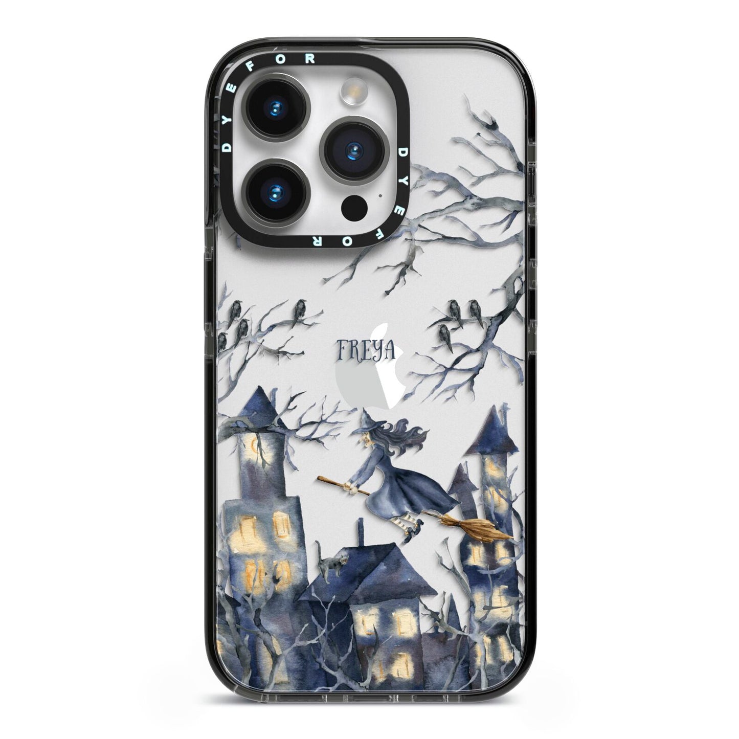 Treetop Halloween Witch iPhone 14 Pro Black Impact Case on Silver phone