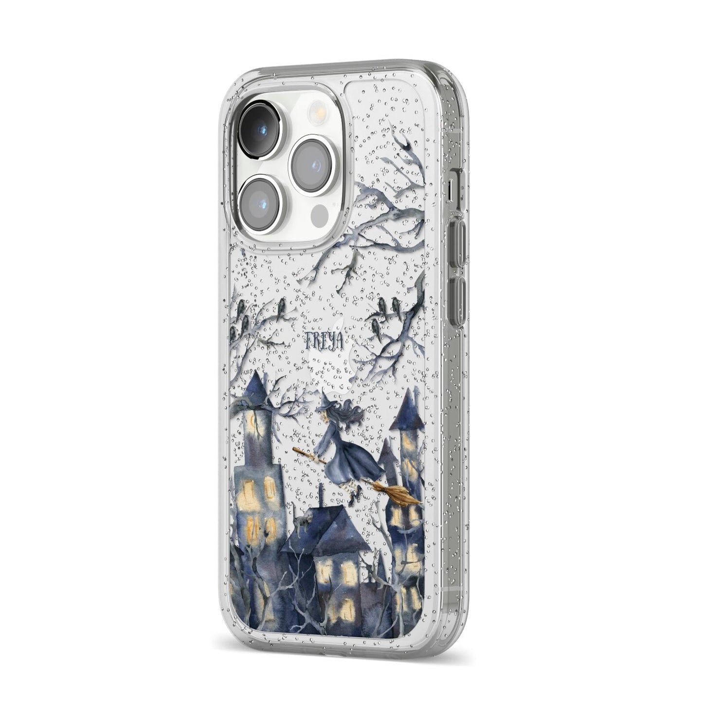 Treetop Halloween Witch iPhone 14 Pro Glitter Tough Case Silver Angled Image