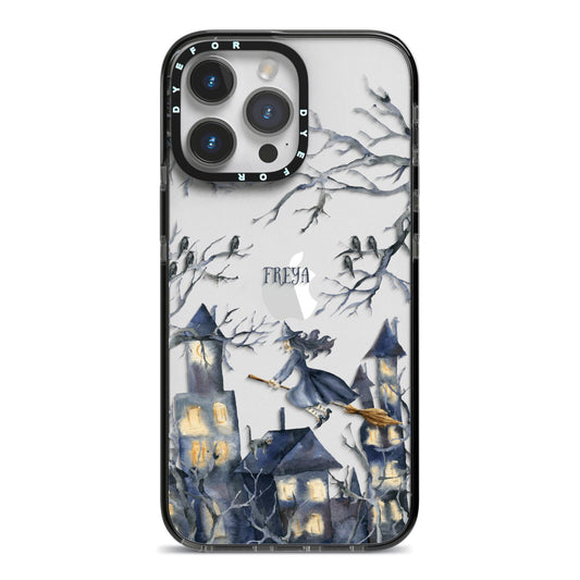 Treetop Halloween Witch iPhone 14 Pro Max Black Impact Case on Silver phone