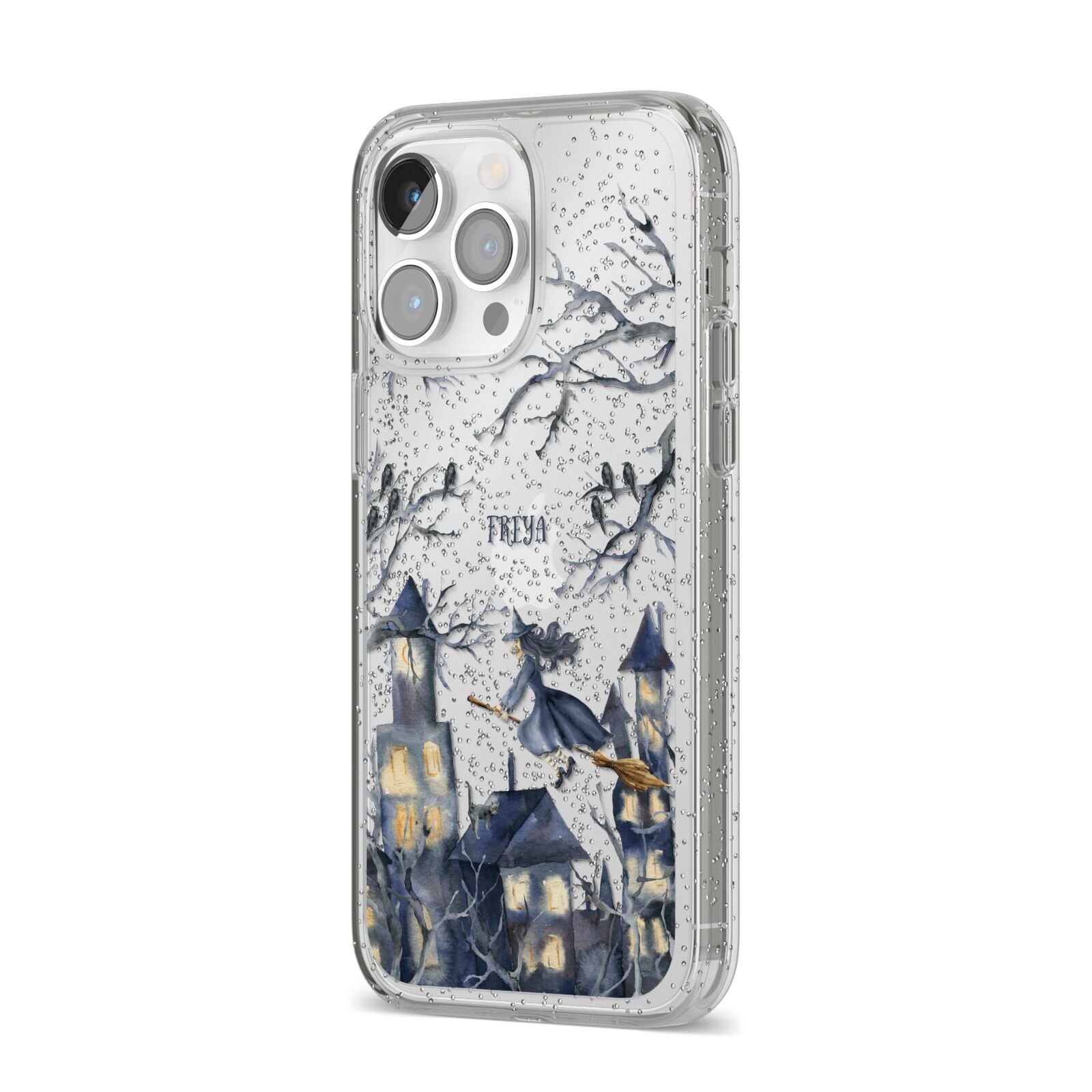 Treetop Halloween Witch iPhone 14 Pro Max Glitter Tough Case Silver Angled Image