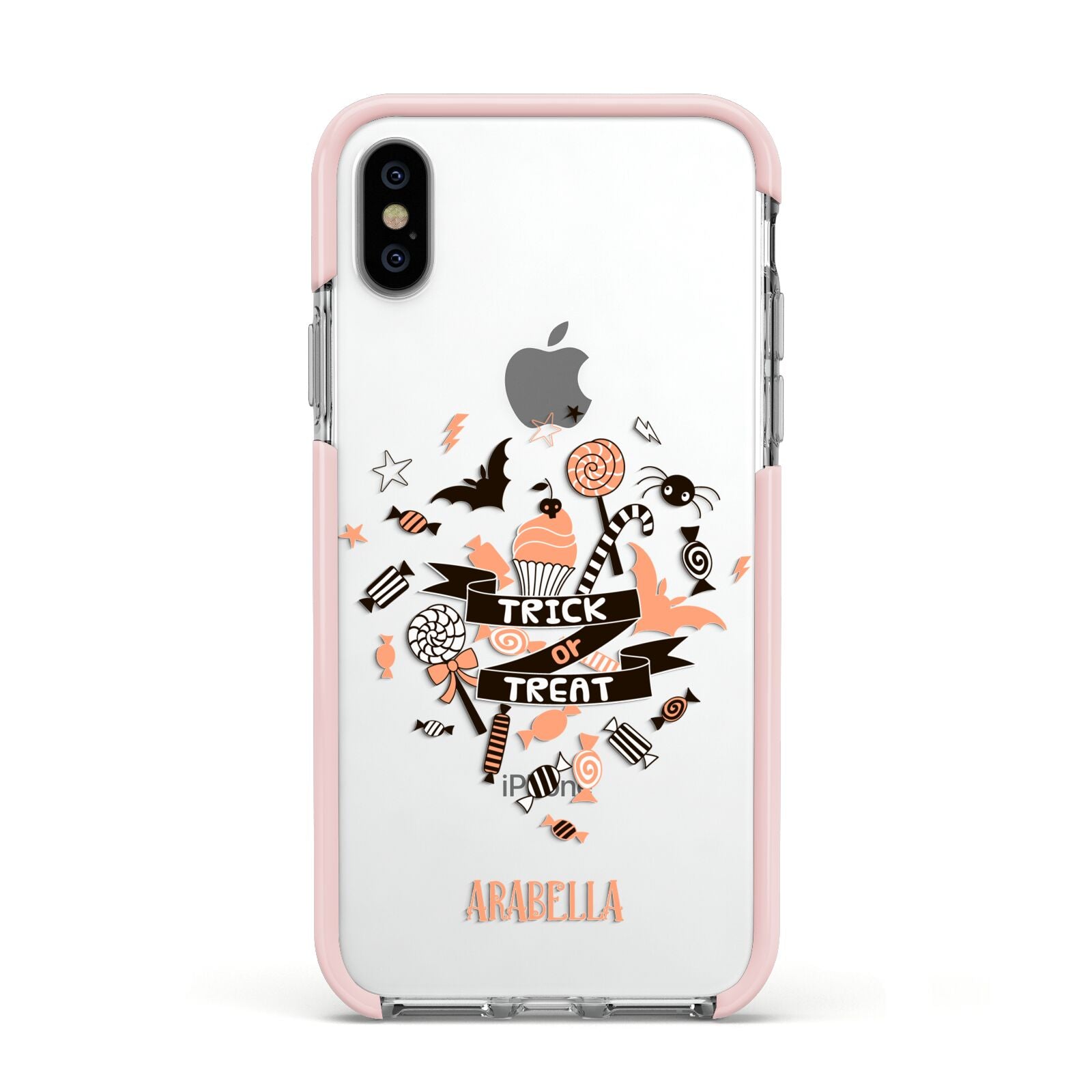 Trick or Treat Apple iPhone Xs Impact Case Pink Edge on Silver Phone