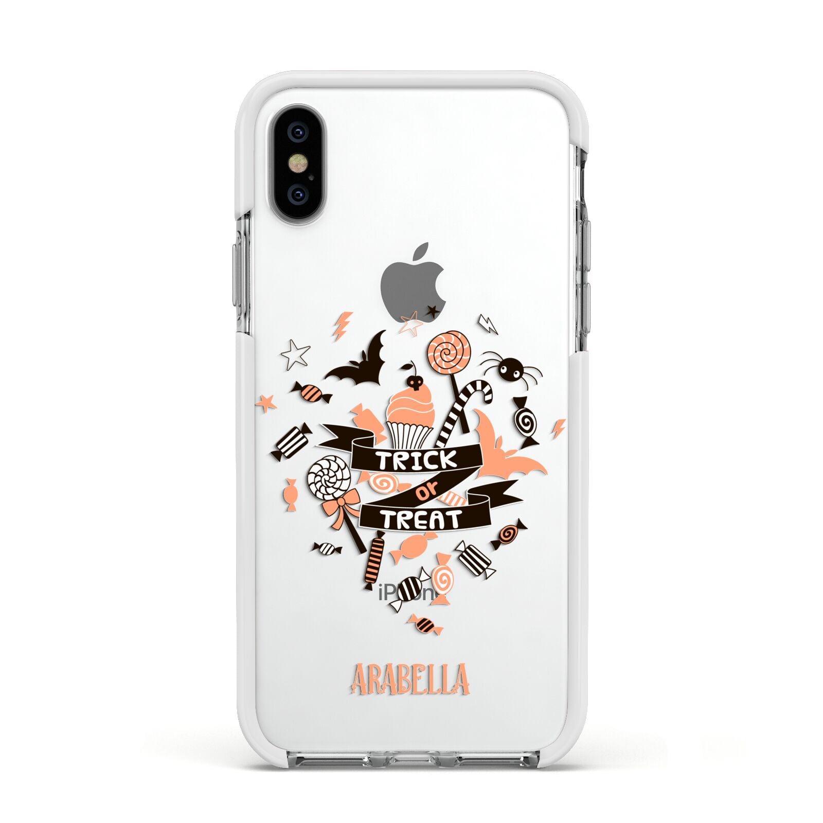 Trick or Treat Apple iPhone Xs Impact Case White Edge on Silver Phone