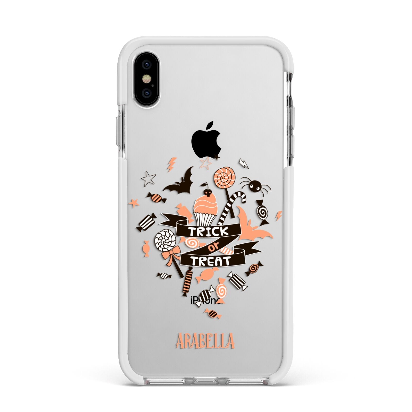 Trick or Treat Apple iPhone Xs Max Impact Case White Edge on Silver Phone