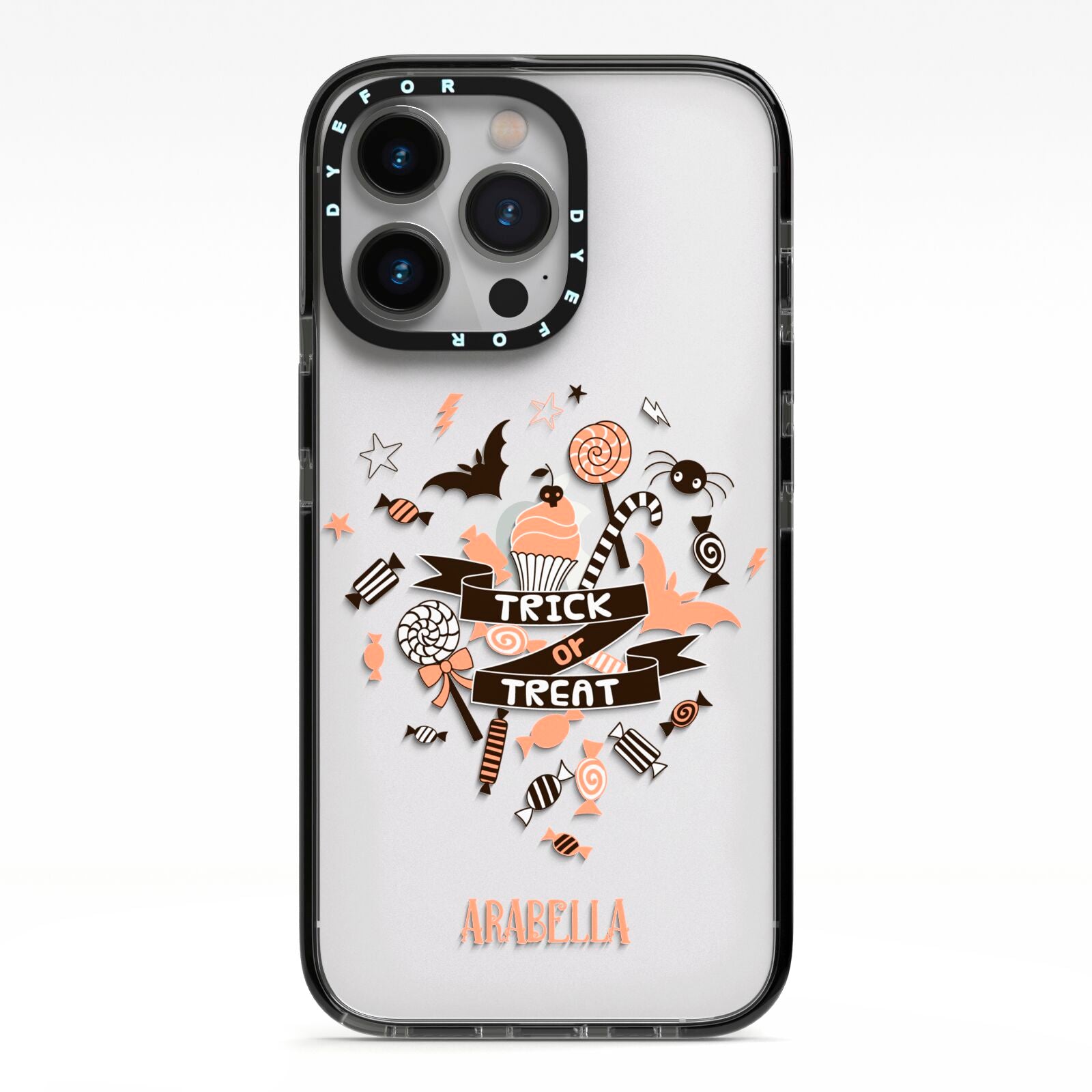 Trick or Treat iPhone 13 Pro Black Impact Case on Silver phone