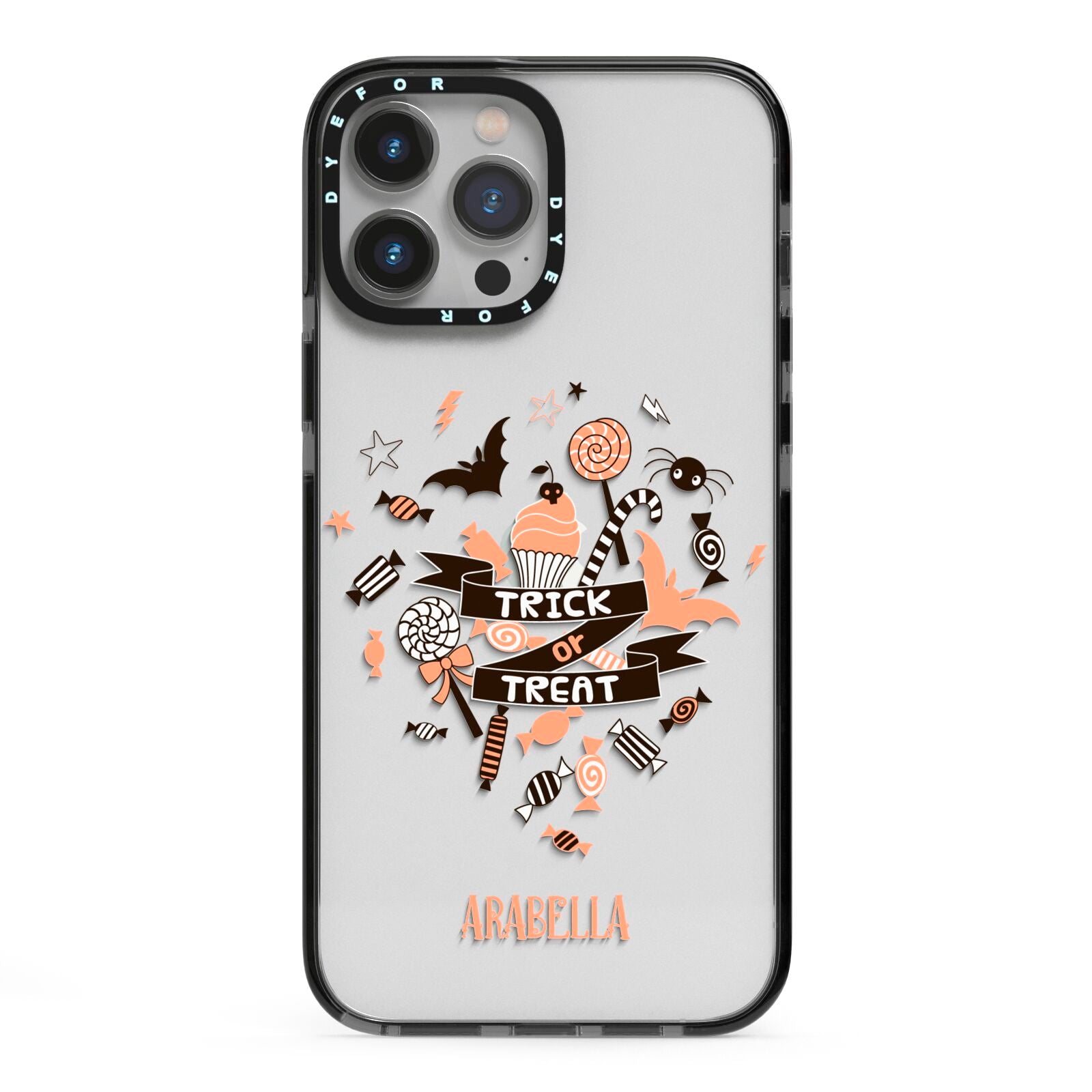 Trick or Treat iPhone 13 Pro Max Black Impact Case on Silver phone