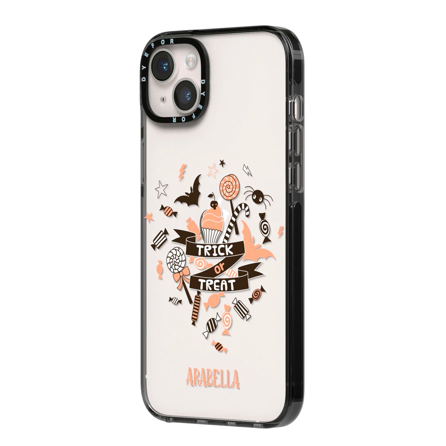 Trick or Treat iPhone 14 Plus Black Impact Case Side Angle on Silver phone