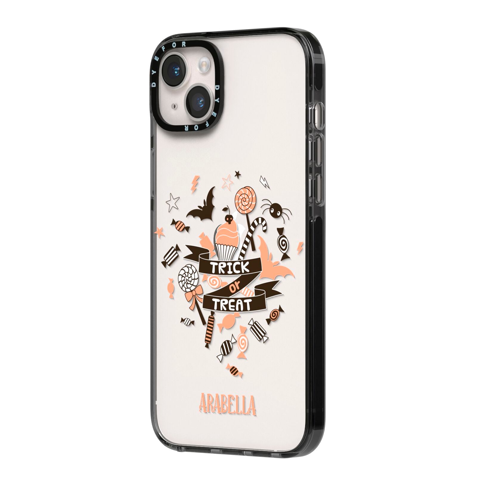 Trick or Treat iPhone 14 Plus Black Impact Case Side Angle on Silver phone