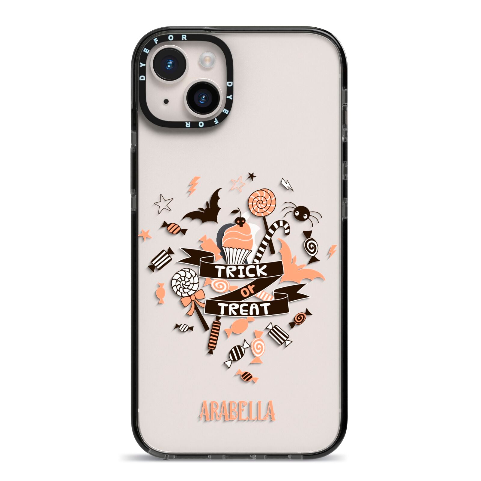 Trick or Treat iPhone 14 Plus Black Impact Case on Silver phone