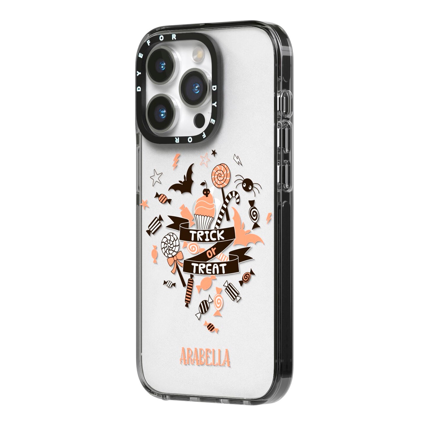 Trick or Treat iPhone 14 Pro Black Impact Case Side Angle on Silver phone