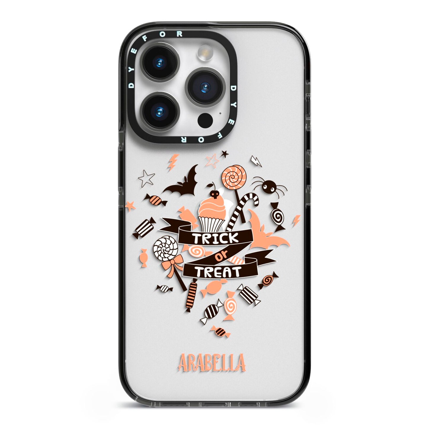 Trick or Treat iPhone 14 Pro Black Impact Case on Silver phone