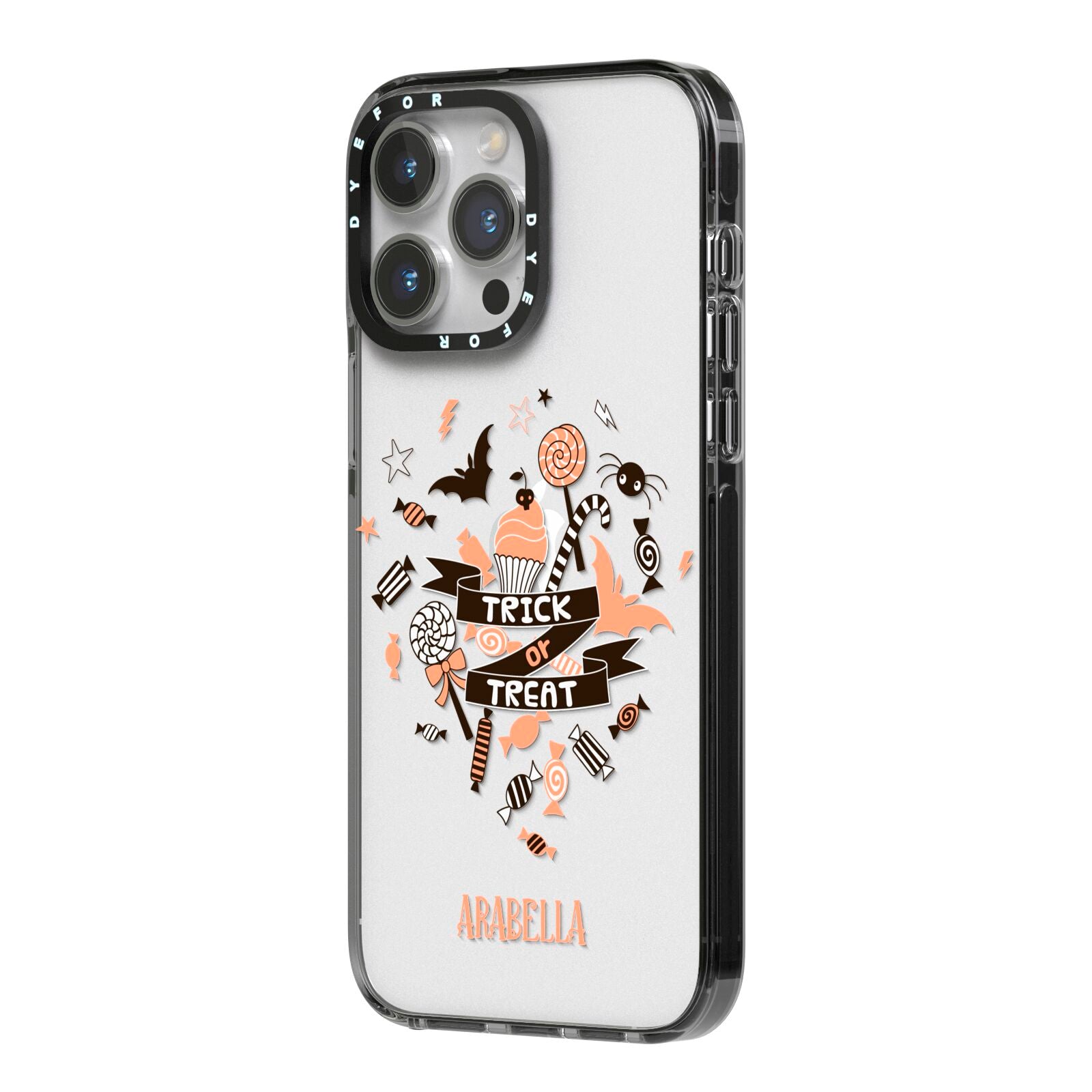 Trick or Treat iPhone 14 Pro Max Black Impact Case Side Angle on Silver phone