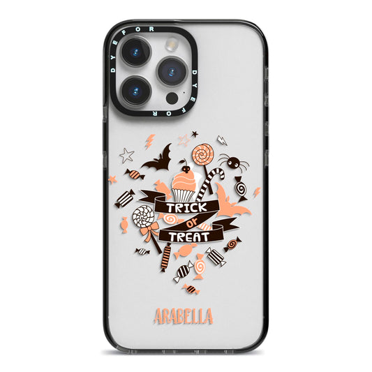 Trick or Treat iPhone 14 Pro Max Black Impact Case on Silver phone