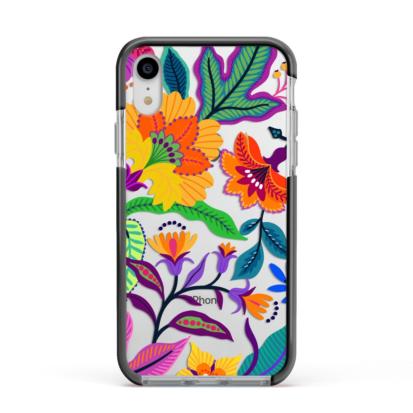Tropical Floral Apple iPhone XR Impact Case Black Edge on Silver Phone