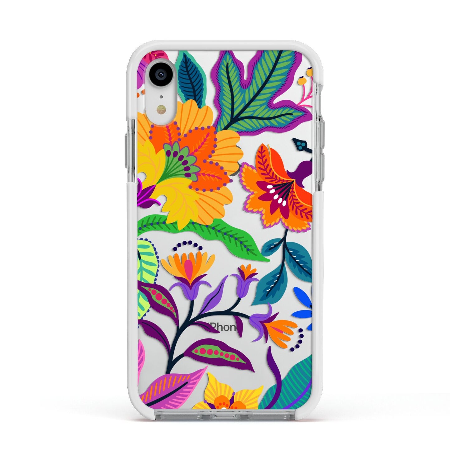 Tropical Floral Apple iPhone XR Impact Case White Edge on Silver Phone