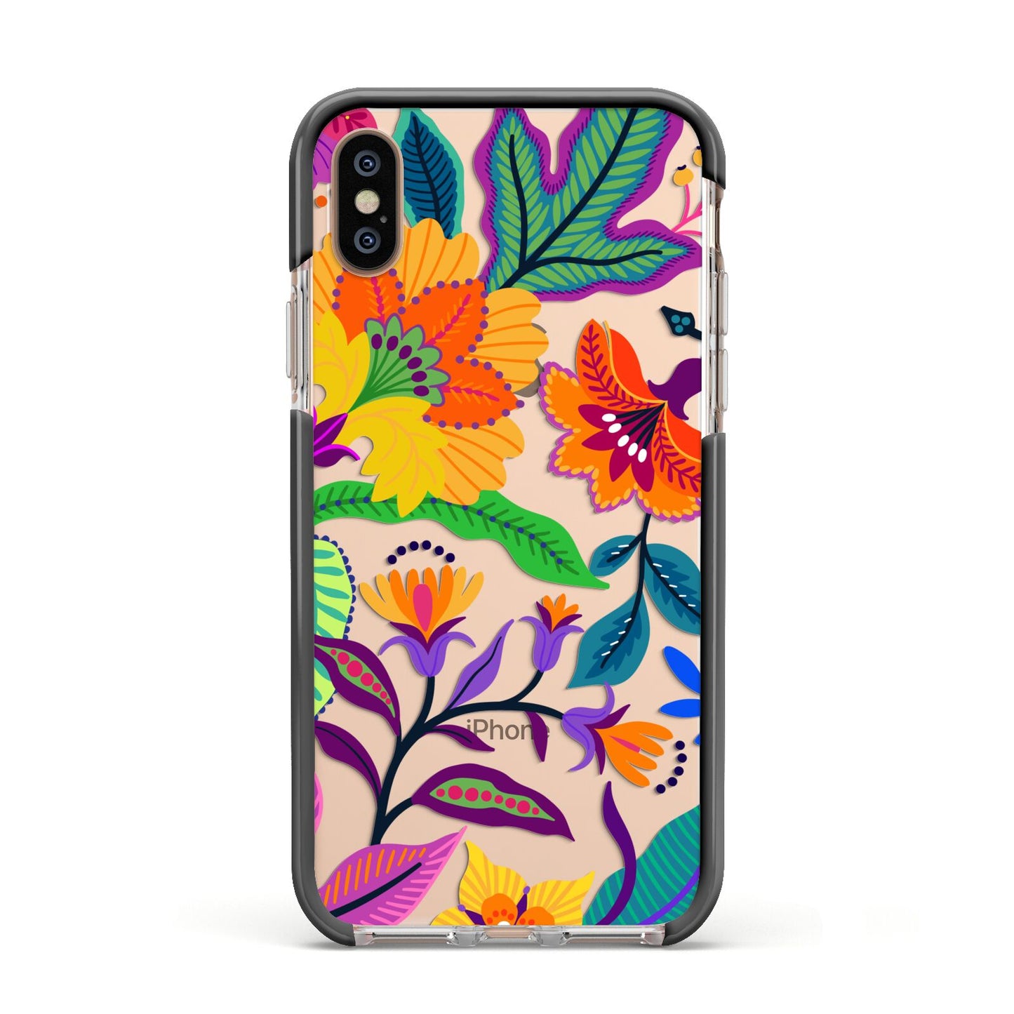Tropical Floral Apple iPhone Xs Impact Case Black Edge on Gold Phone