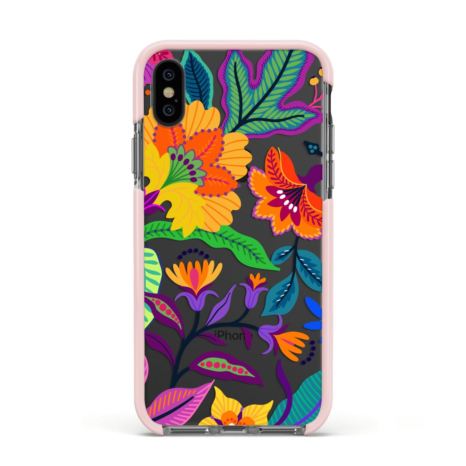 Tropical Floral Apple iPhone Xs Impact Case Pink Edge on Black Phone