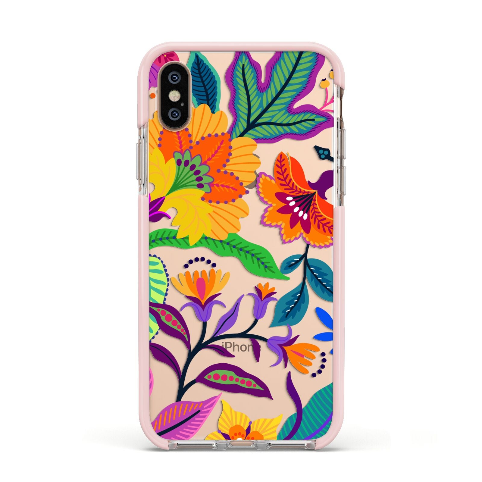 Tropical Floral Apple iPhone Xs Impact Case Pink Edge on Gold Phone