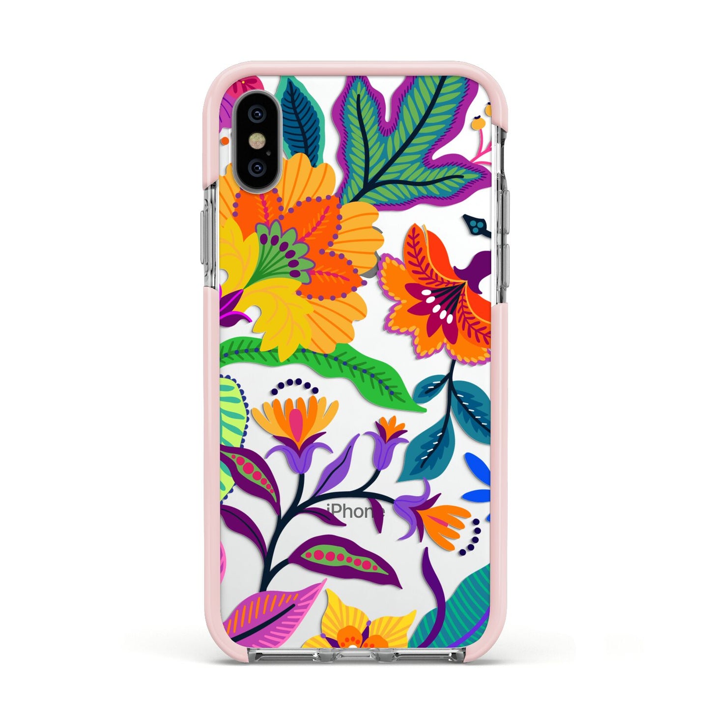 Tropical Floral Apple iPhone Xs Impact Case Pink Edge on Silver Phone
