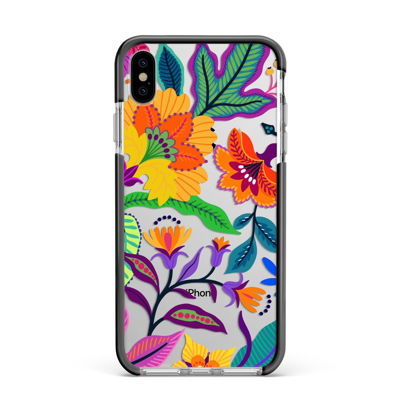 Tropical Floral Apple iPhone Xs Max Impact Case Black Edge on Silver Phone