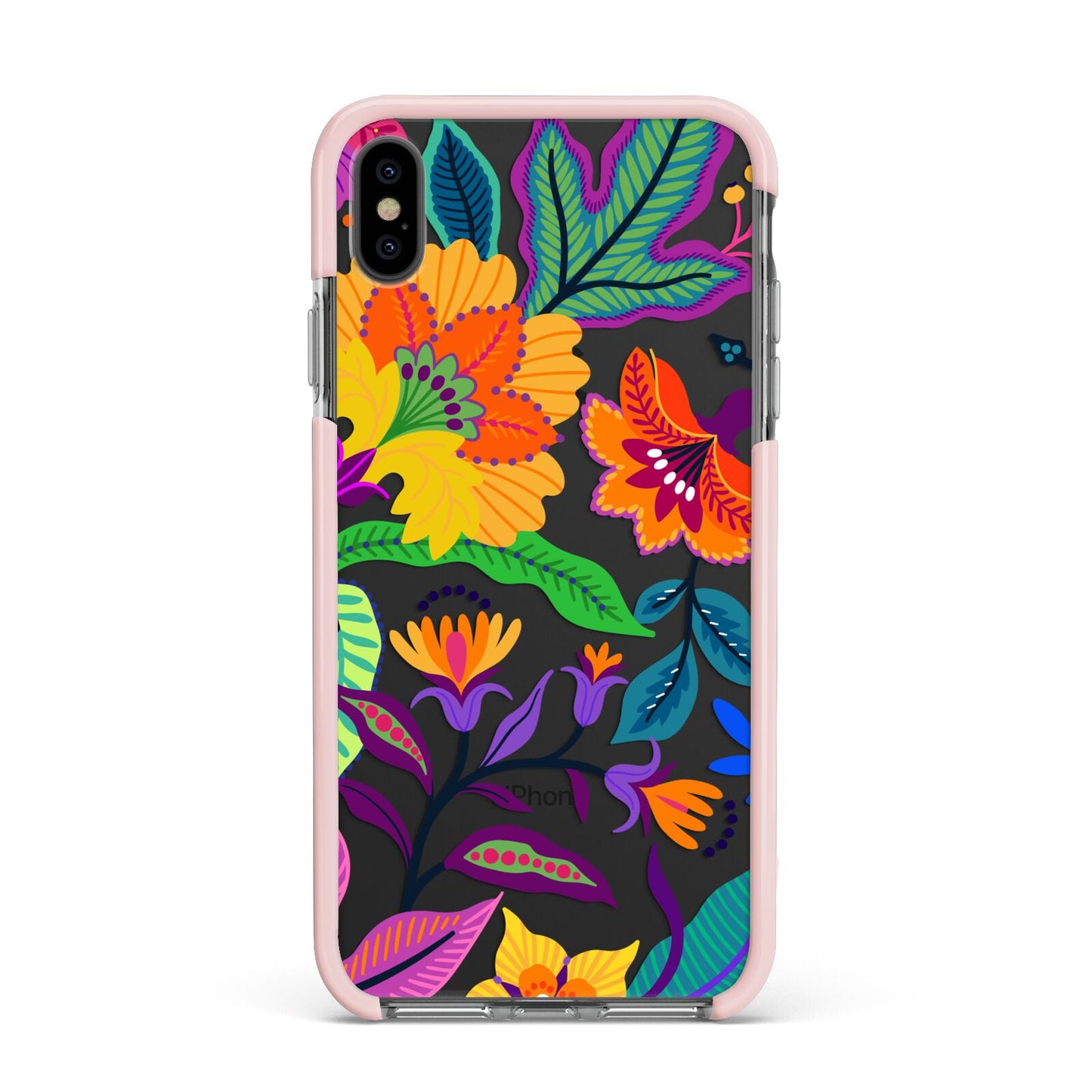 Tropical Floral Apple iPhone Xs Max Impact Case Pink Edge on Black Phone