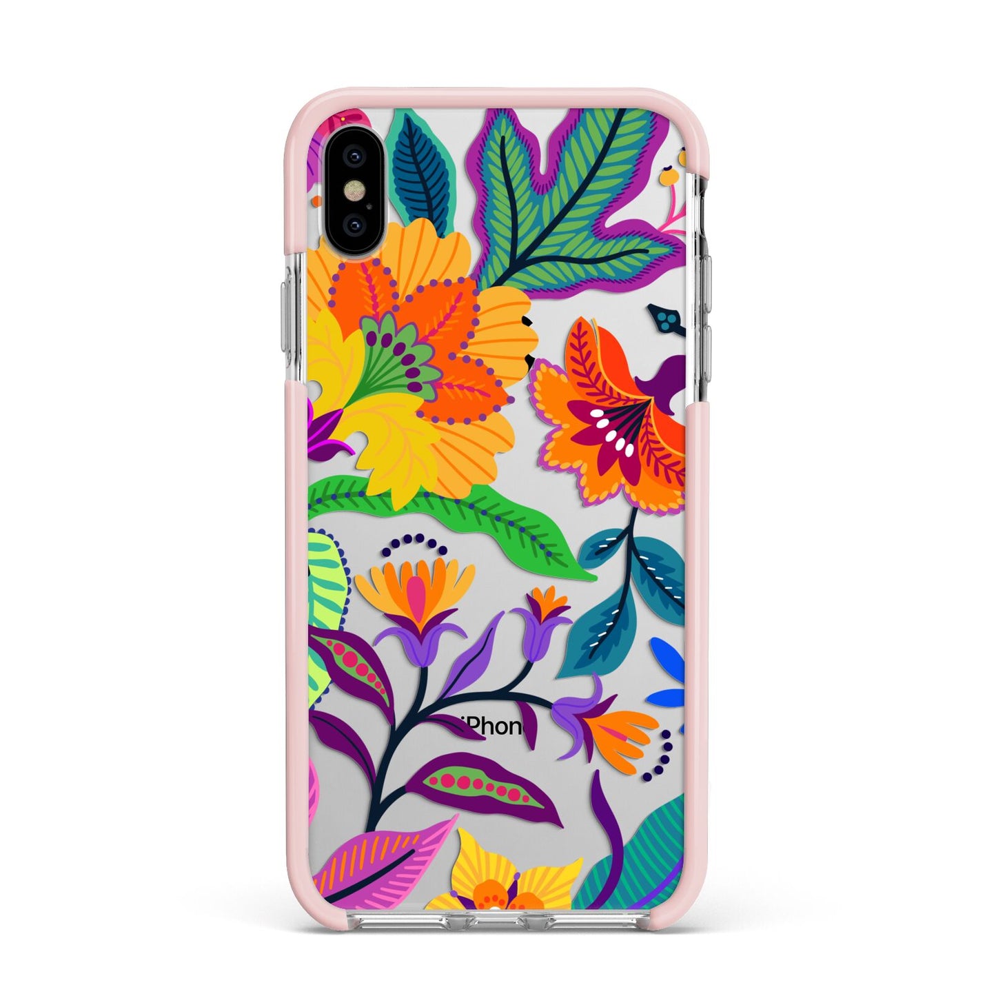 Tropical Floral Apple iPhone Xs Max Impact Case Pink Edge on Silver Phone