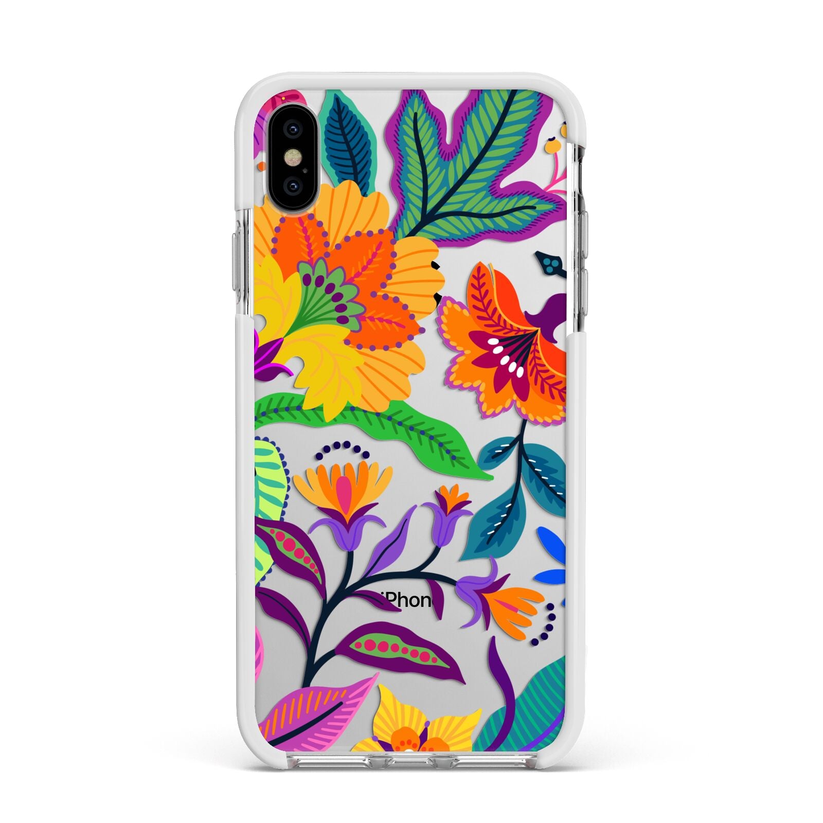 Tropical Floral Apple iPhone Xs Max Impact Case White Edge on Silver Phone