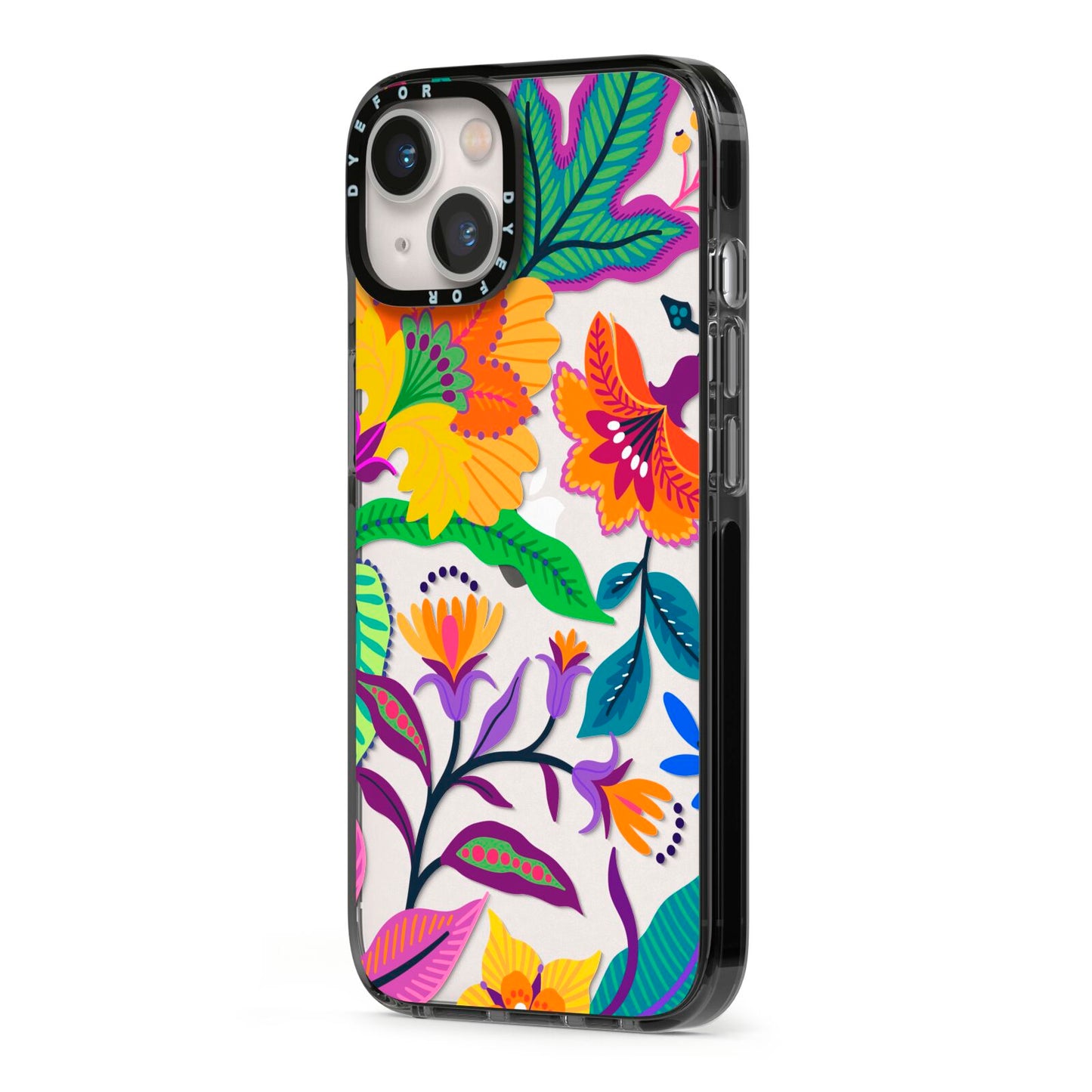 Tropical Floral iPhone 13 Black Impact Case Side Angle on Silver phone