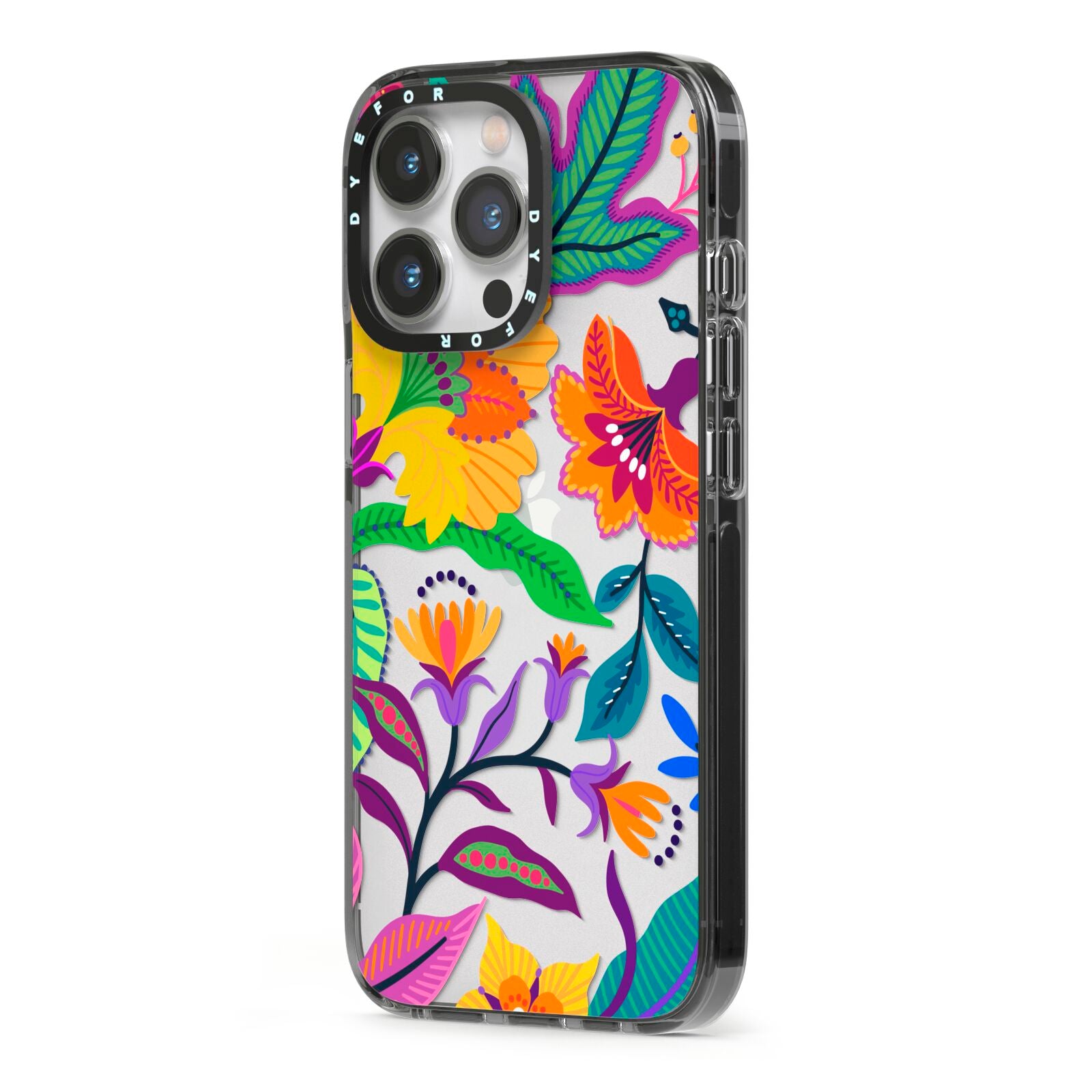Tropical Floral iPhone 13 Pro Black Impact Case Side Angle on Silver phone