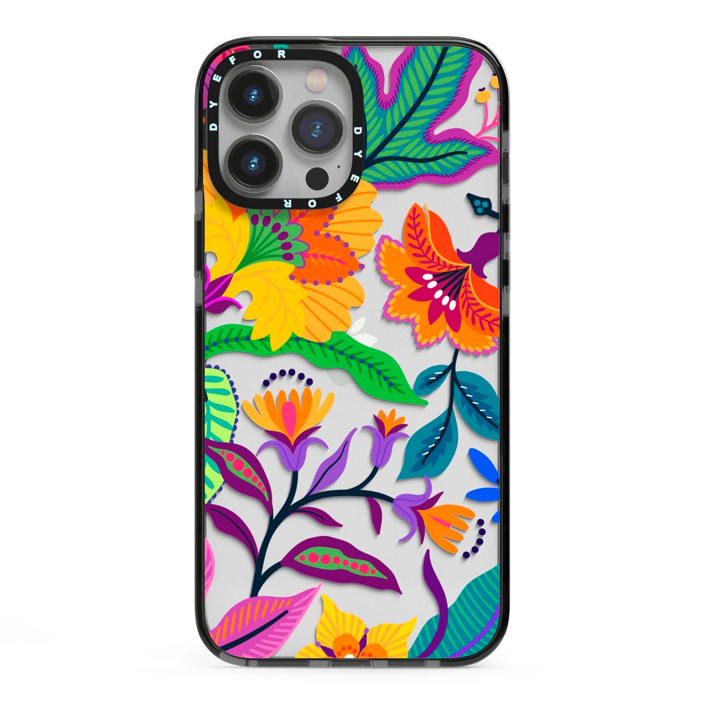Tropical Floral iPhone 13 Pro Max Black Impact Case on Silver phone
