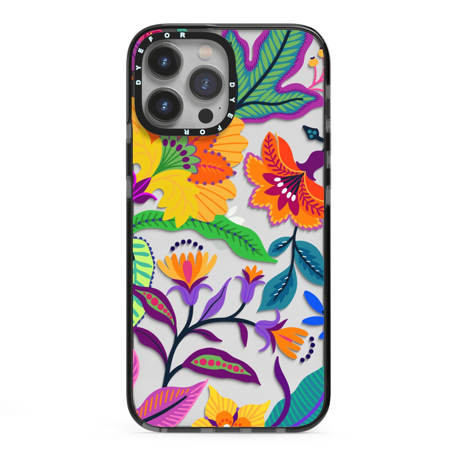 Tropical Floral iPhone 13 Pro Max Black Impact Case on Silver phone