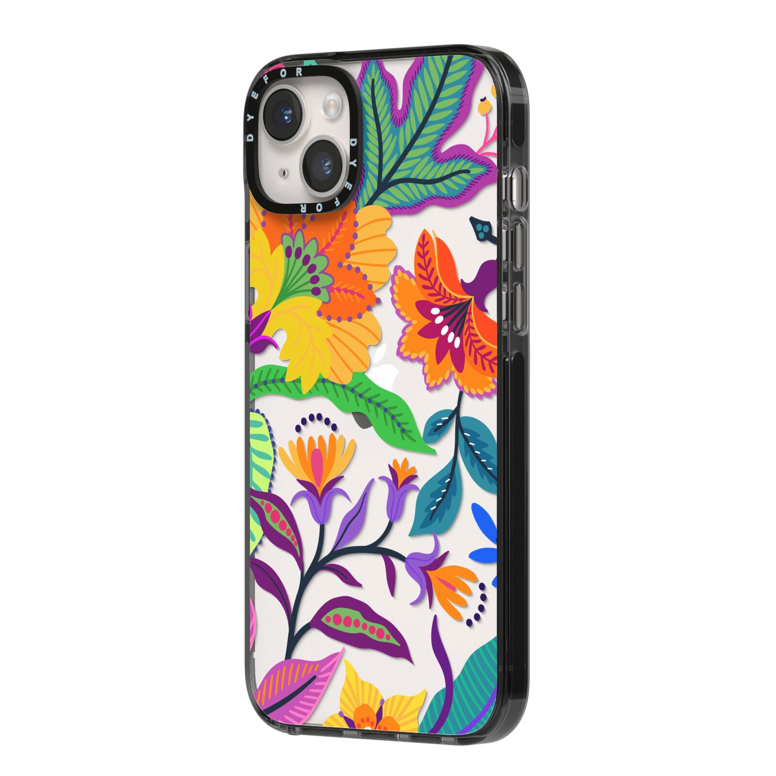Tropical Floral iPhone 14 Plus Black Impact Case Side Angle on Silver phone