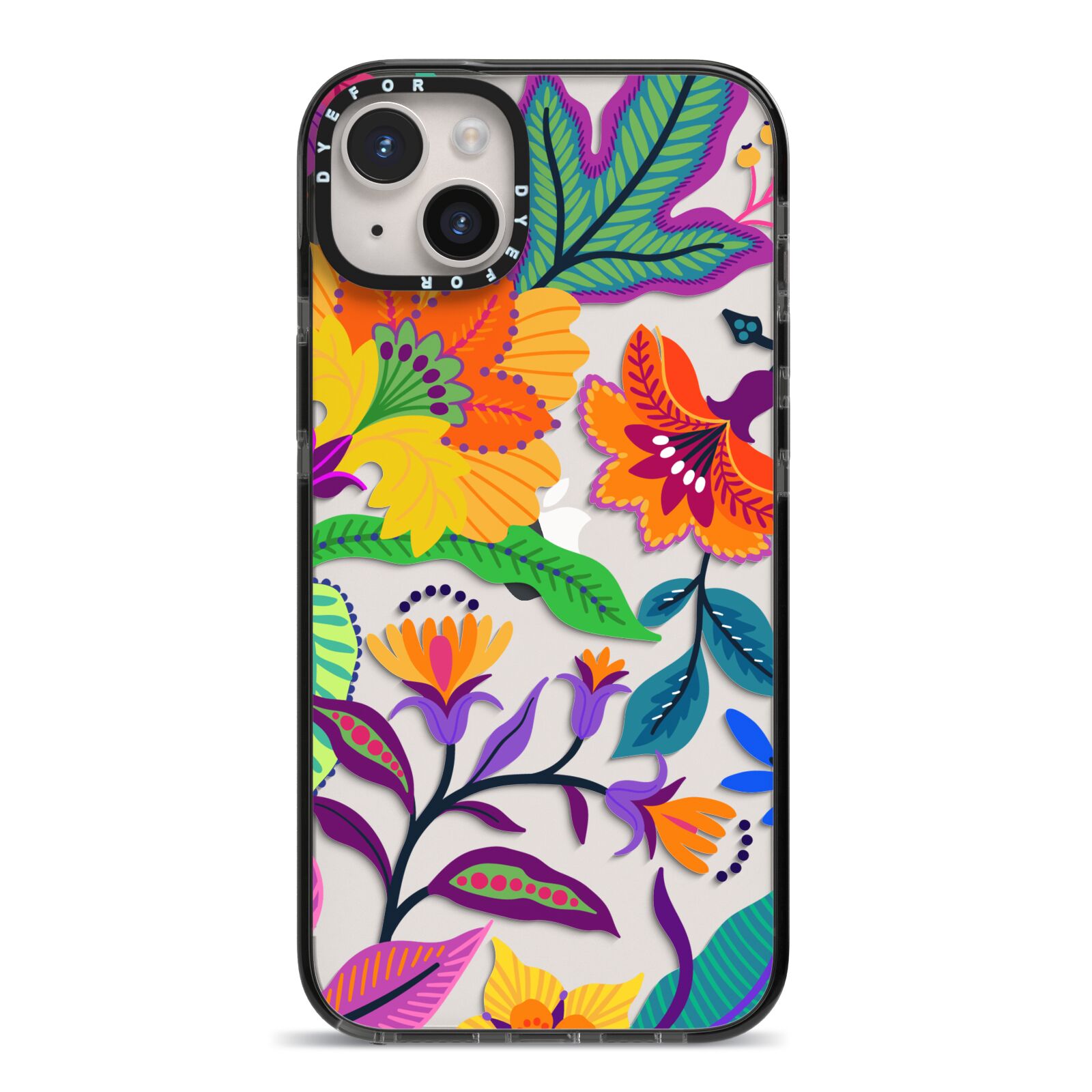 Tropical Floral iPhone 14 Plus Black Impact Case on Silver phone