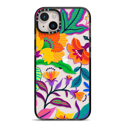 Tropical Floral iPhone 14 Plus Black Impact Case on Silver phone