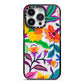 Tropical Floral iPhone 14 Pro Black Impact Case on Silver phone