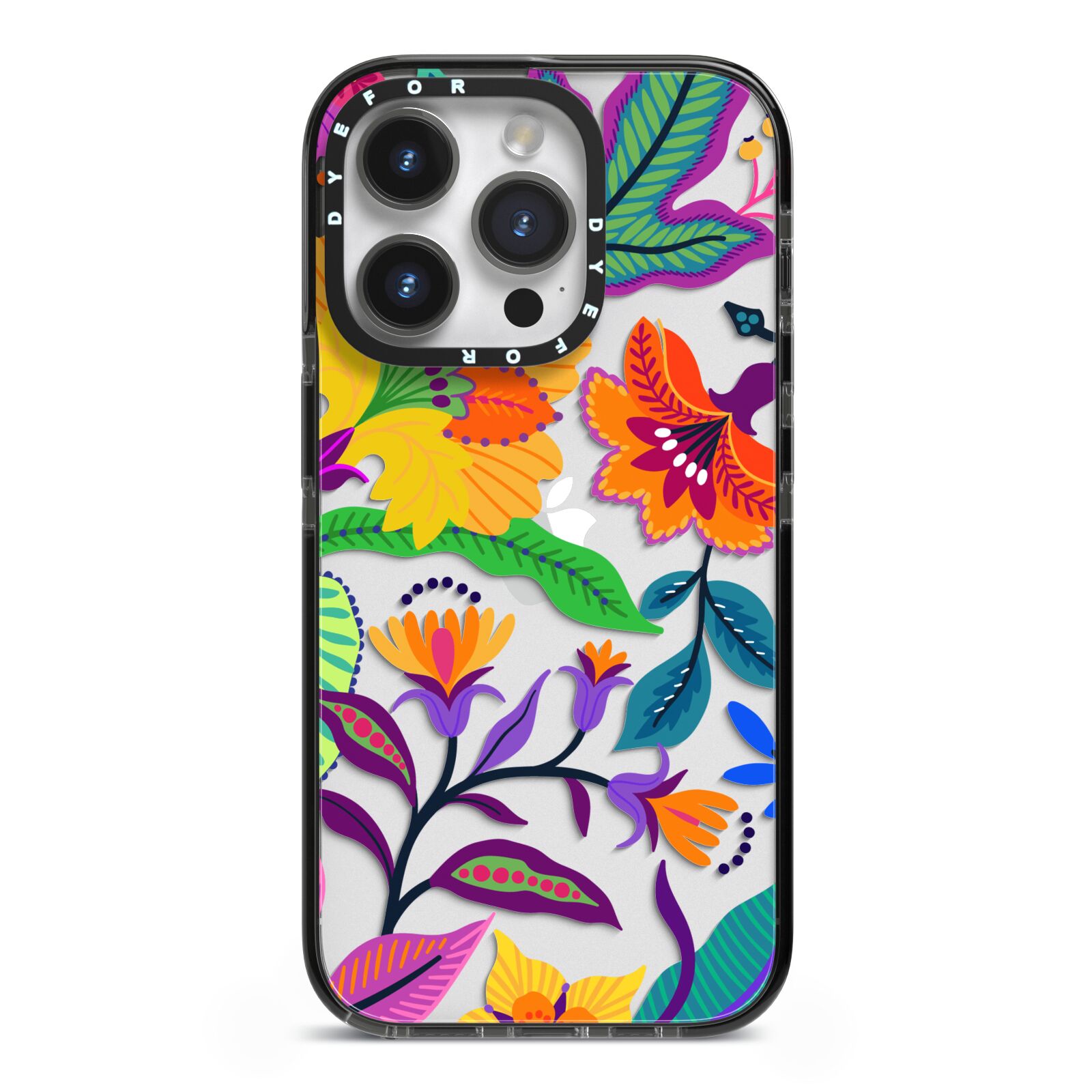 Tropical Floral iPhone 14 Pro Black Impact Case on Silver phone