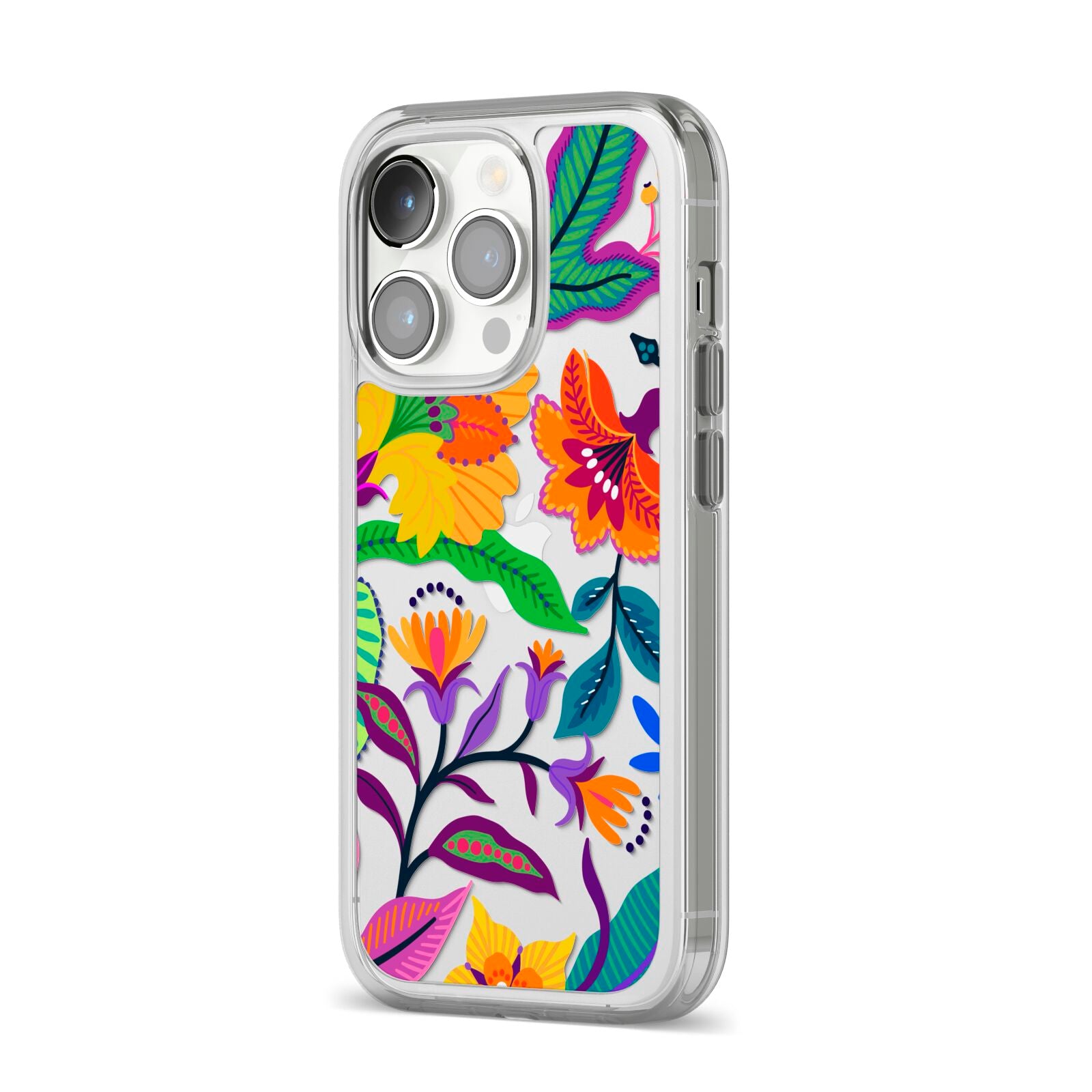 Tropical Floral iPhone 14 Pro Clear Tough Case Silver Angled Image