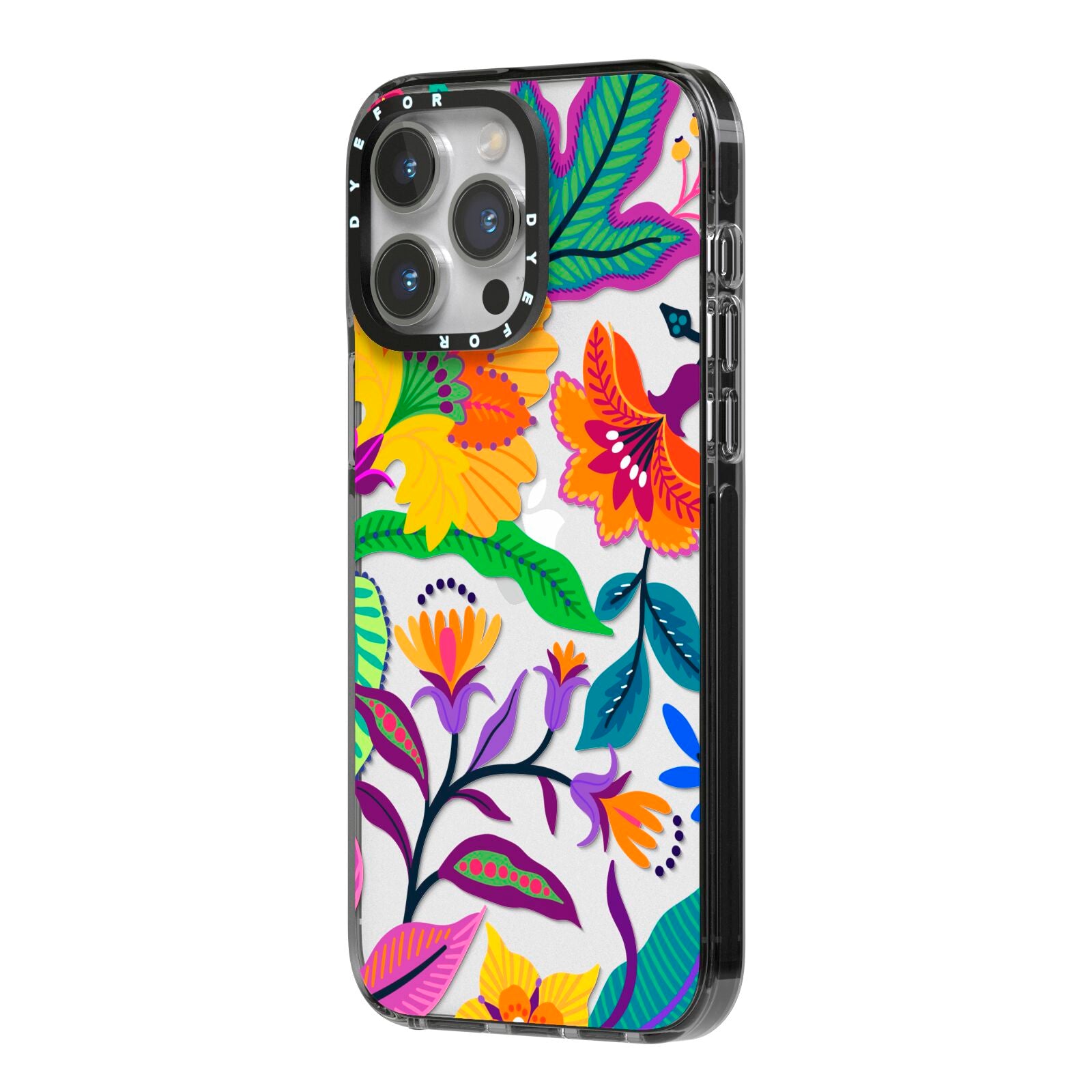 Tropical Floral iPhone 14 Pro Max Black Impact Case Side Angle on Silver phone