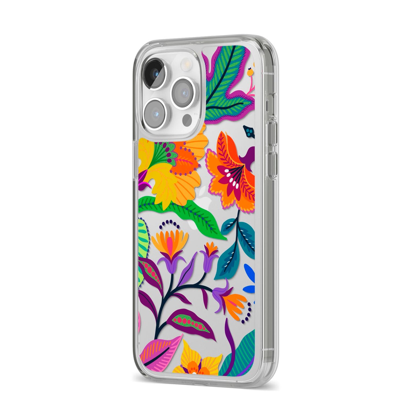 Tropical Floral iPhone 14 Pro Max Clear Tough Case Silver Angled Image