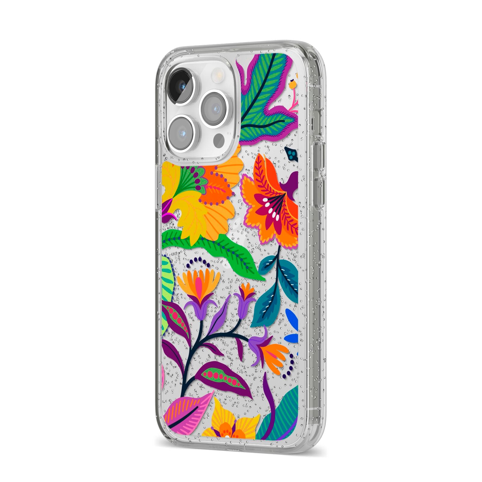 Tropical Floral iPhone 14 Pro Max Glitter Tough Case Silver Angled Image