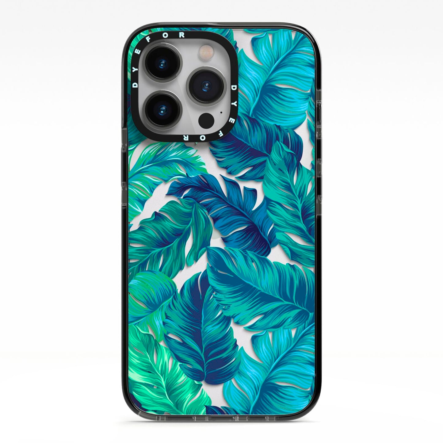 Tropical Leaves iPhone 13 Pro Black Impact Case on Silver phone