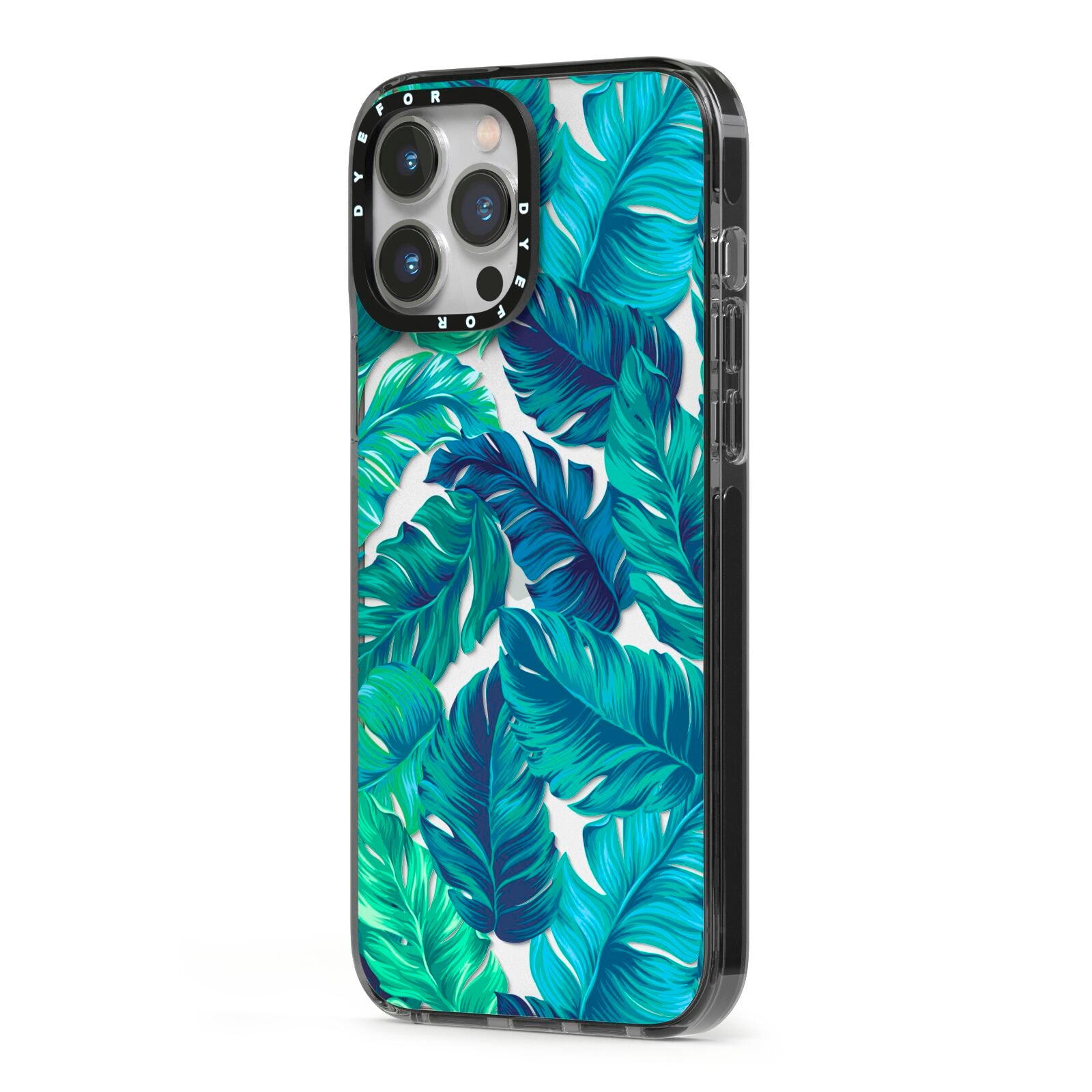 Tropical Leaves iPhone 13 Pro Max Black Impact Case Side Angle on Silver phone