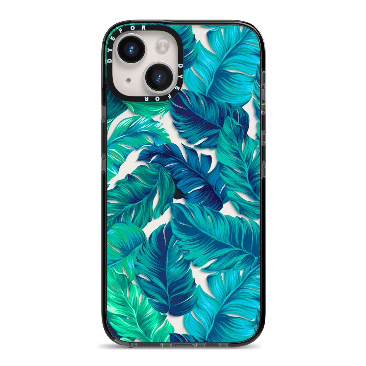 Tropical Leaves iPhone 14 Black Impact Case on Silver phone