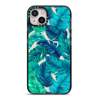 Tropical Leaves iPhone 14 Plus Black Impact Case on Silver phone