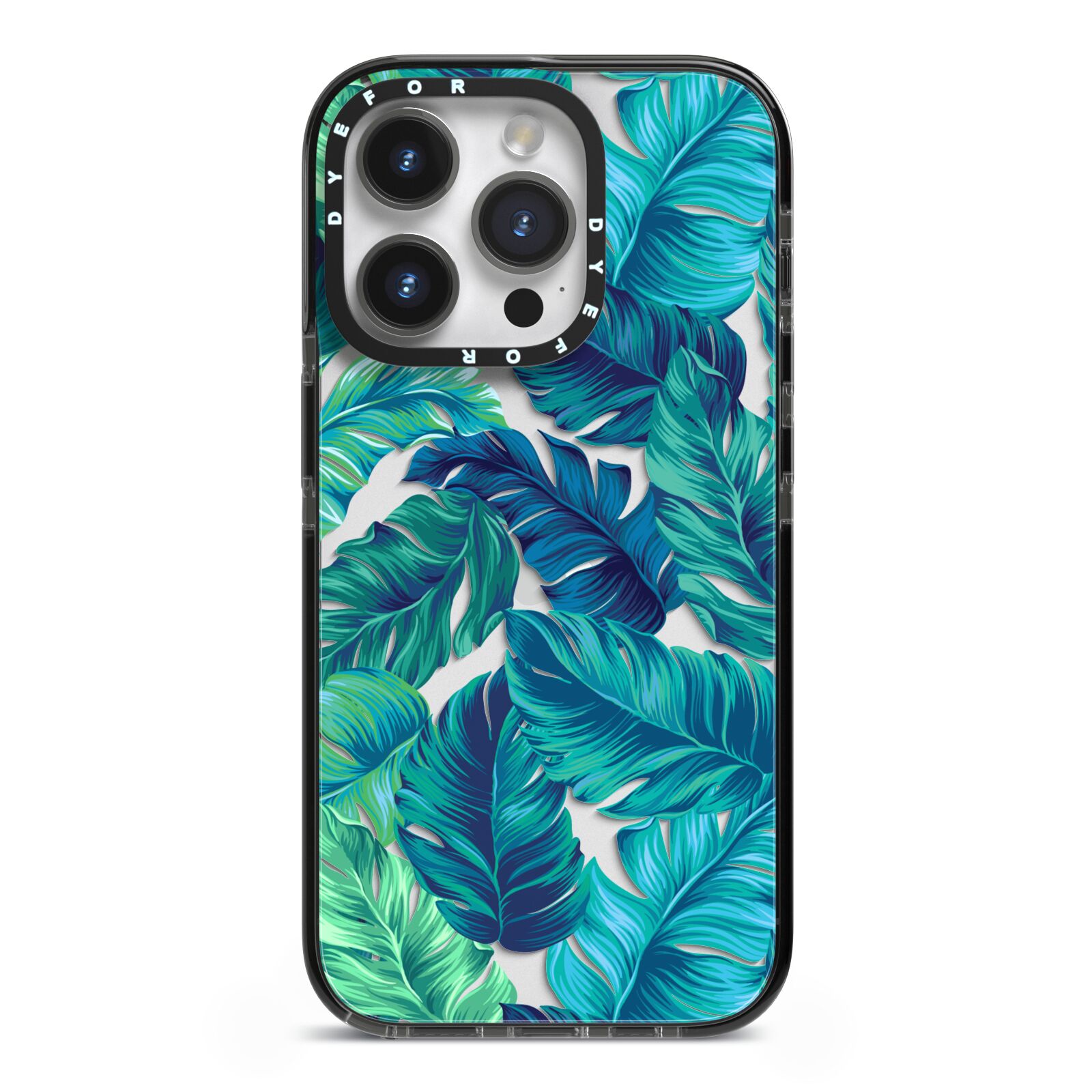 Tropical Leaves iPhone 14 Pro Black Impact Case on Silver phone